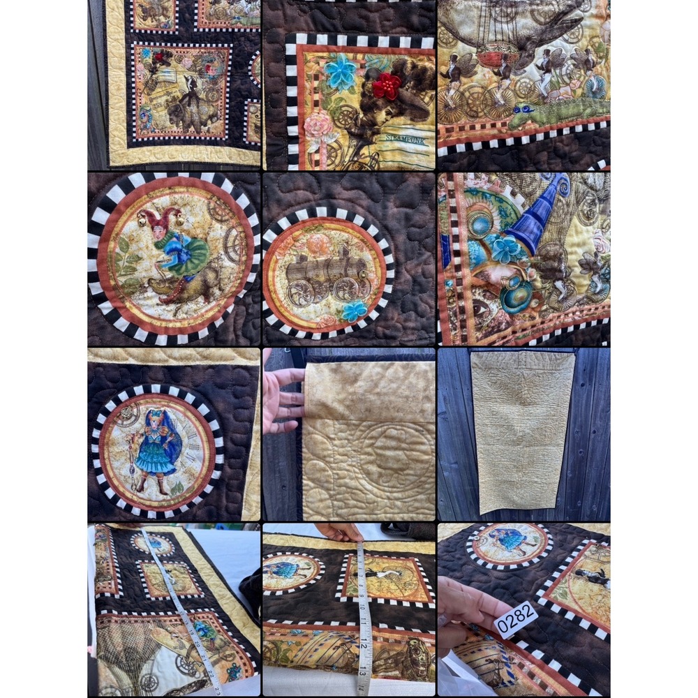 Vintage Steampunk Quilted Wall Hanging Brown Gold Victorian Whimsical Decor